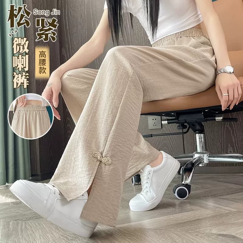New Chinese-Style Cotton and Linen Split Flared Pants for Women, Summer Thin Style 2026 New Ice Silk Linen National Style Bell-Bottom Pants for Women