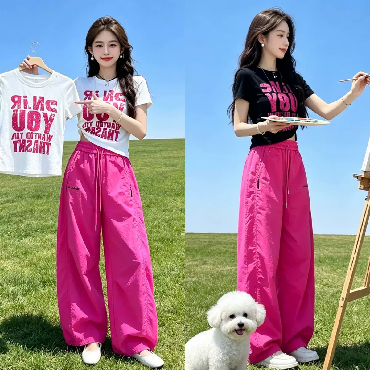 Two-Piece Set for Women, New Summer Fashion Printed Top, Casual Outfit, Complete Set of T-Shirt, Slimming Wide-Leg Pants Suit