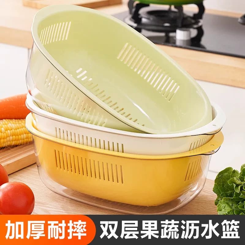 Double-Layer Pet Transparent Draining Basket for Washing Vegetables, Household Kitchen Vegetable Basket, Multifunctional Fruit Washing and Draining Basin