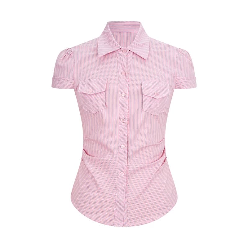 Mosesqueen Pink Striped Short-Sleeve Shirt, Fitted Waist Slim-Fit Shirt, Polo Collar, Regular Shoulder Top
