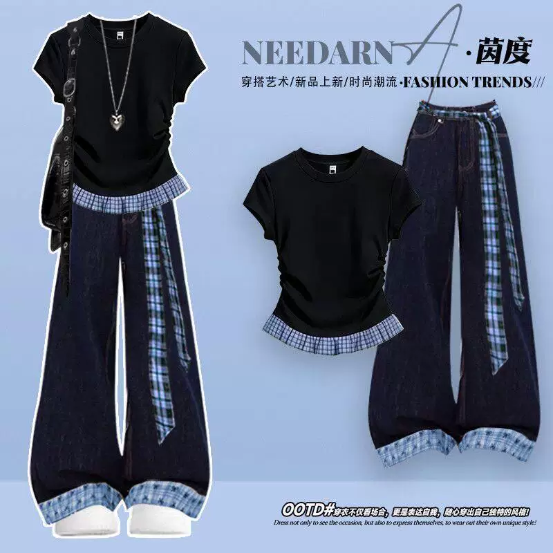 2026 Summer Chic Slim-Fit Short-Sleeve T-Shirt Set for Teenage Girls, High School and Middle School Students, Trendy Denim Two-Piece Set