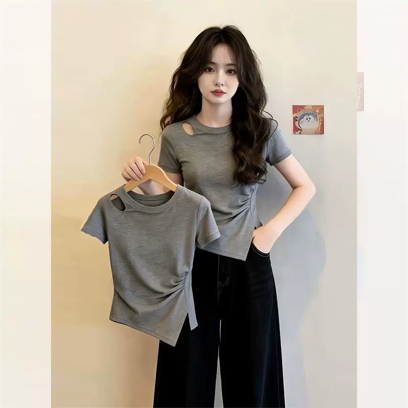 Threaded Cotton Short-Sleeve Slit Hollow-Out T-Shirt for Women, New Summer Fashion Trendy Versatile Slimming Design ins Top