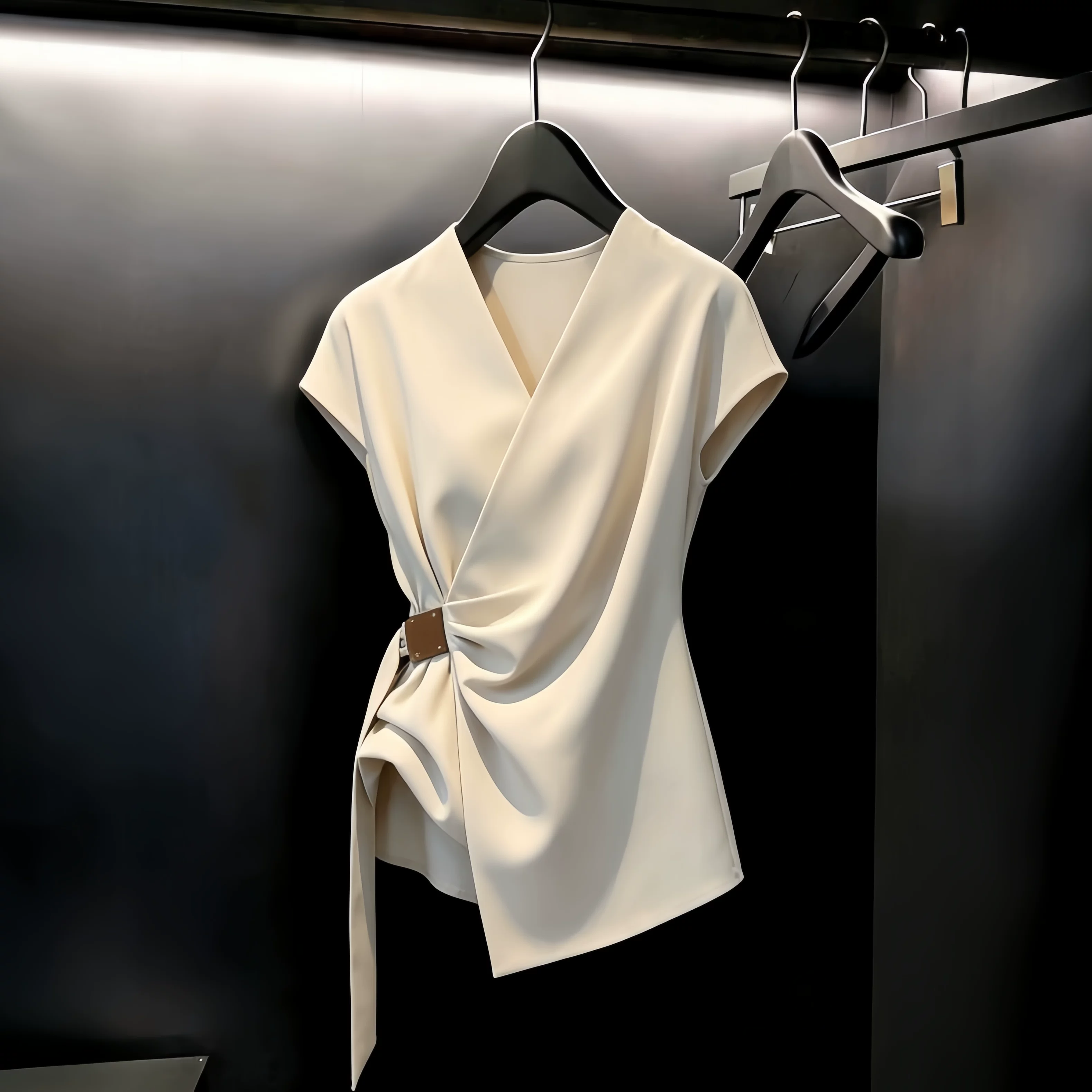 Elegant V-Neck Minimalist Design Short-Sleeve Women's Top, Summer Thin Style, Light Luxury, High-End Feel, Waist-Cinching Blouse, 2026 New Model