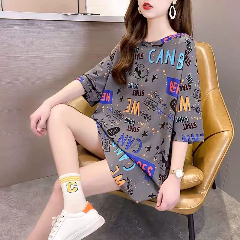 2026 New Summer Plus-Size T-Shirt for Women, Short-Sleeved, Plus-Size Women's Clothing, Slimming, Mid-Length, Loose-Fitting, Korean-Style Printed Top