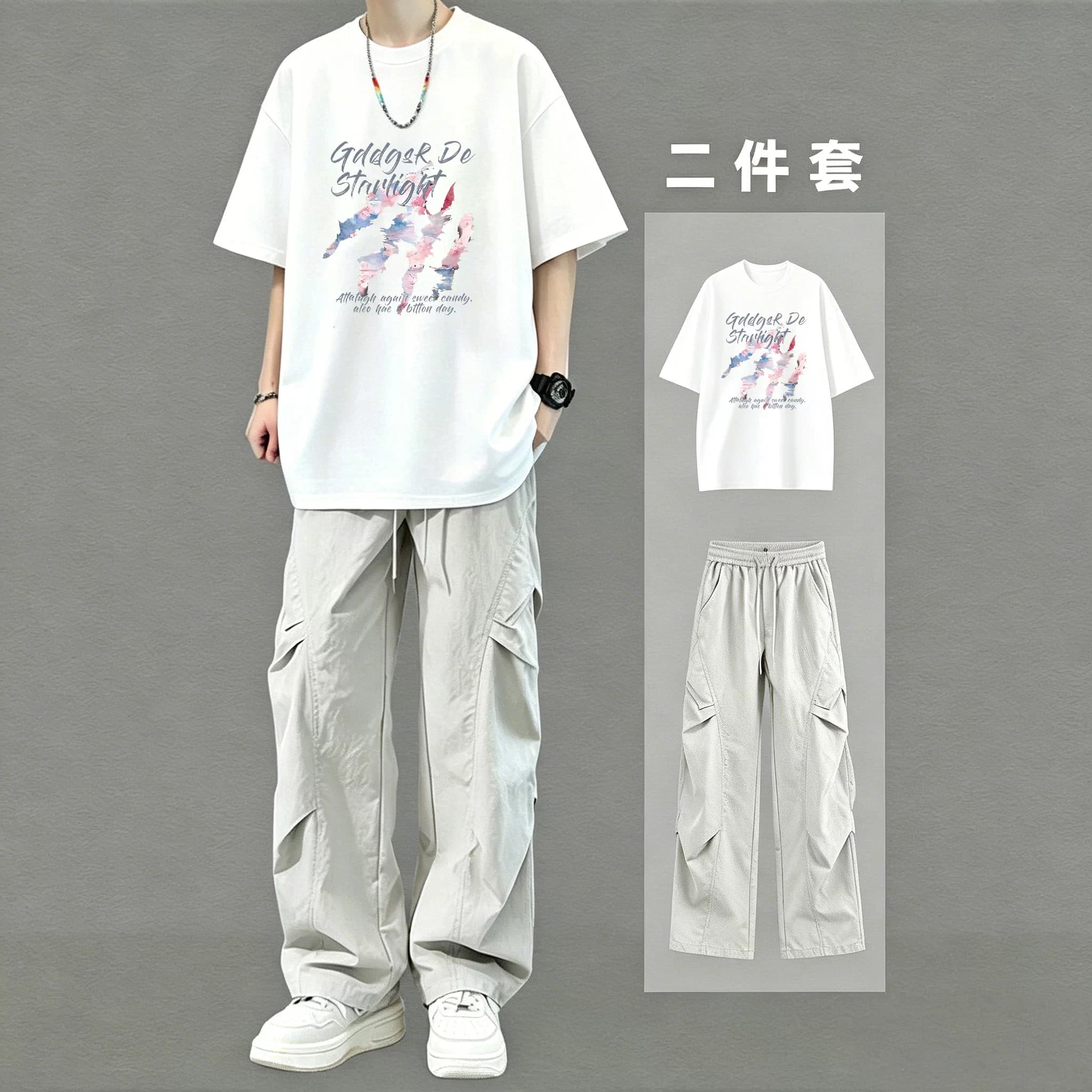 2026 New Short-Sleeved T-Shirt Men's Loose Two-Piece Set Youth Casual Sports Suit Male Student Complete Set