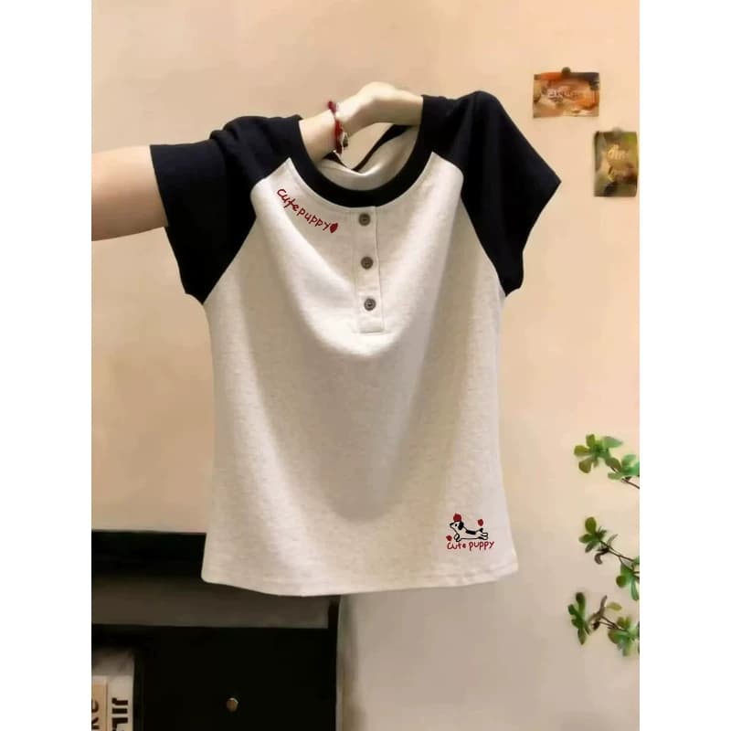 When You Put It On, the Air Becomes Sweeter! Color-Blocked Raglan Sleeve Short-Sleeve T-Shirt, Slim-Fit, Unique and Chic Top