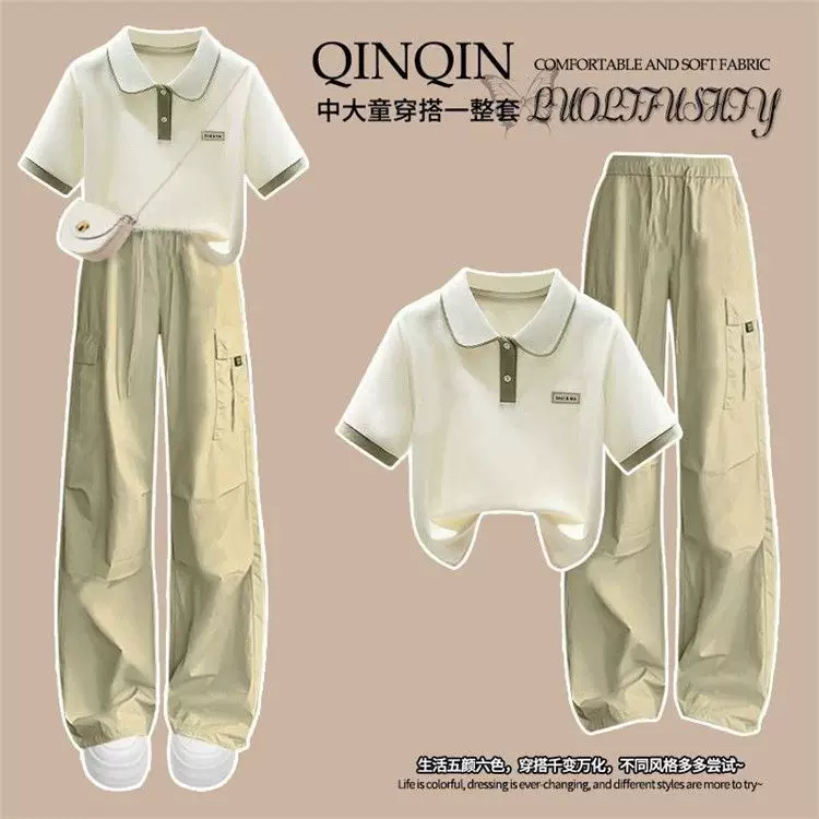 A Complete Set of Summer Outfits for Girls in Junior High School, Including a Loose-Fitting Polo Collar Short-Sleeved T-Shirt + Casual Cargo Pants Two-Piece Set, Trendy