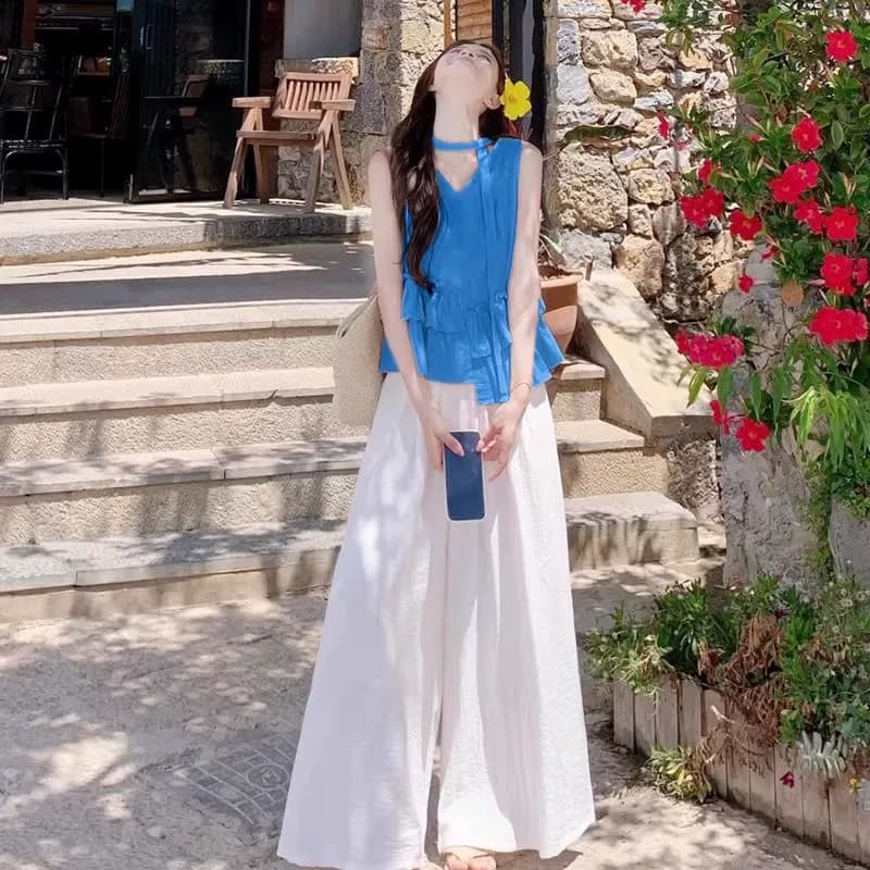 Klein Blue Sleeveless Top for Women, Summer Linen High-End Dopamine Style Bright Vest T-Shirt Set