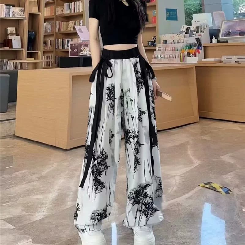 Plus-Size Women's New Chinese-Style Ice Silk Chiffon Wide-Leg Pants 2026 Summer Thin Loose Retro Ink Painting National Style Straight-Leg Pants