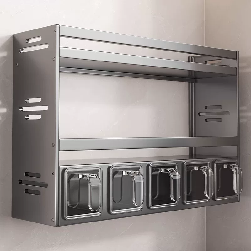 Kitchen Storage Rack Wall-Mounted Oil, Salt, Sauce, Vinegar Seasoning Jar, No-Drill Multifunctional Household Storage Box